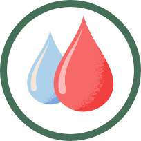 green circle surrounding blood and water drops